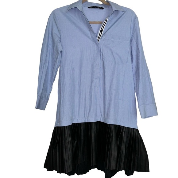 Zara NWOT Shirt Dress Blue White Stripes & Black Pleated Faux Leather Skirt XS - Picture 5 of 9